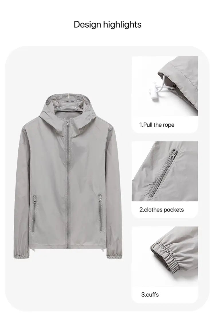 Light gray lightweight men sun protection windbreaker jacket with zippered front and side pockets designed for comfort and outdoor use.