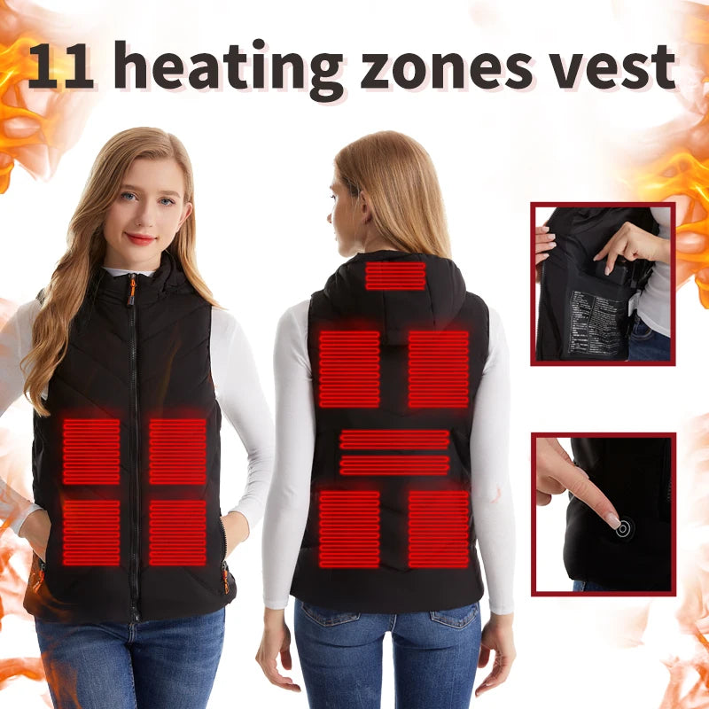 Women's Winter Smart Heated Vest, 11-Zone Heated Vest, USB-Powered Solid-Color Hooded Jacket, Casual, Sports, and Outdoor Warmth