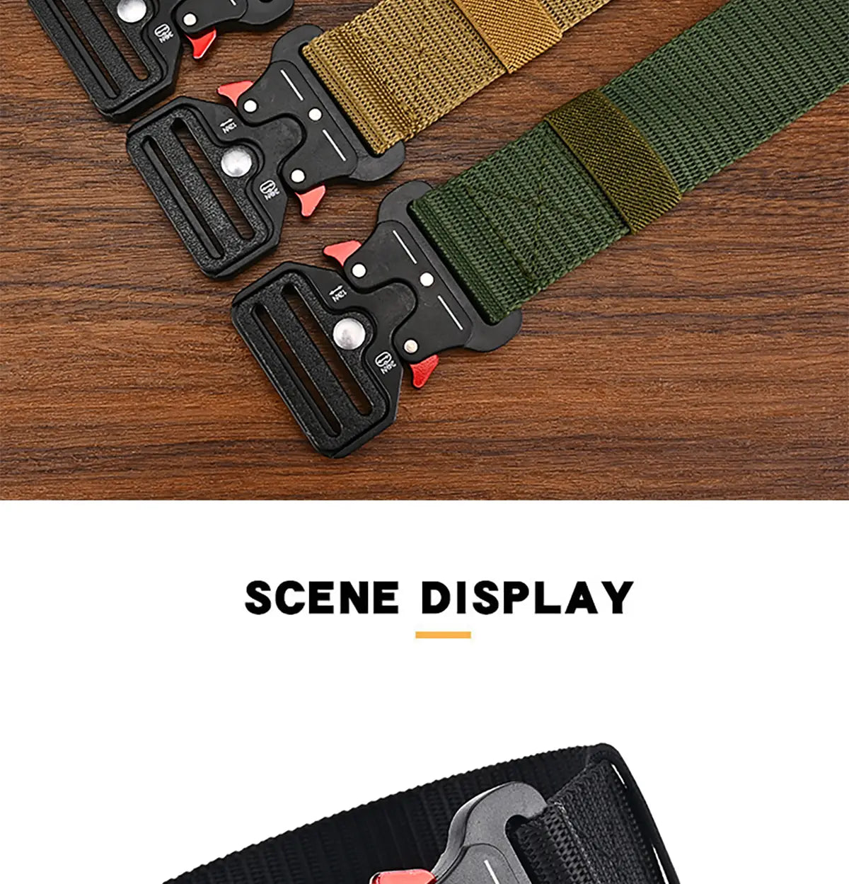 military-style tactical polyester belts for unisex outdoor use featuring durable olive green and tan fabric with black plastic buckles and red accent tabs.