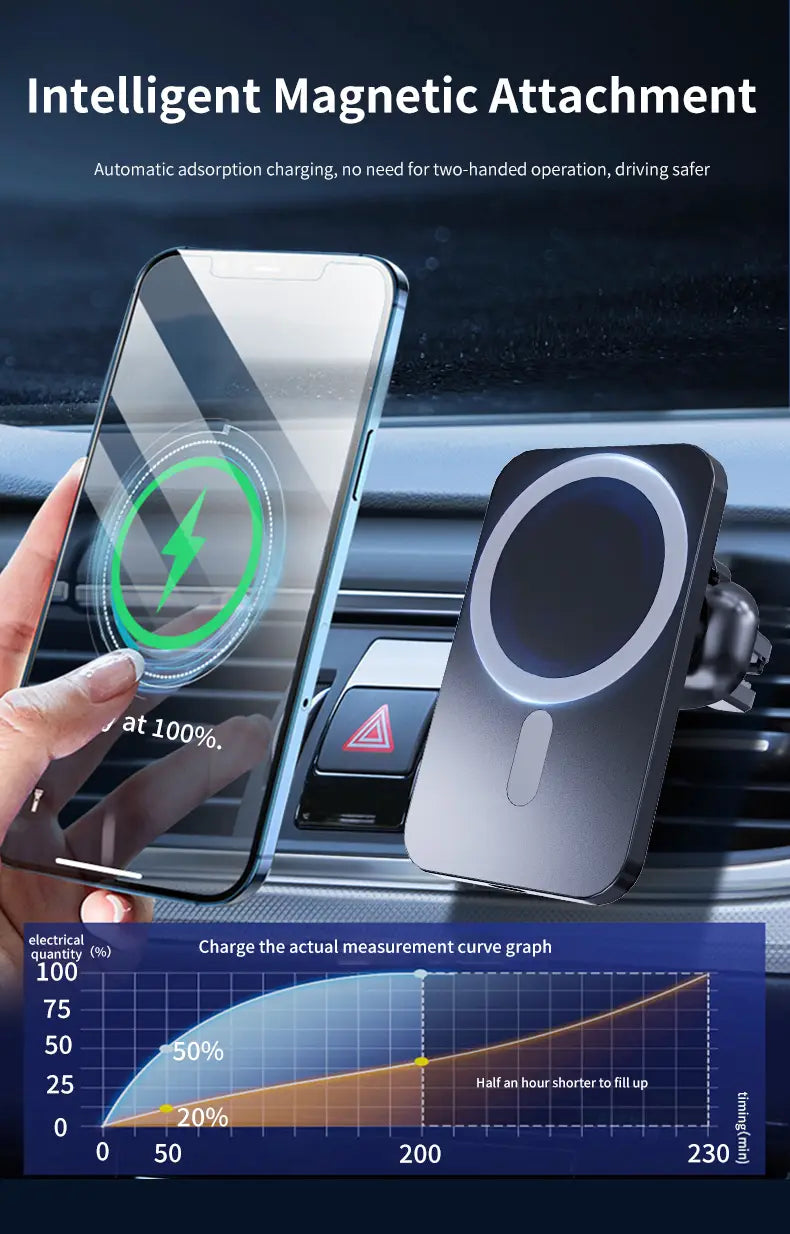 black magnetic car wireless charger for iphone with circular charging pad and sleek metallic finish