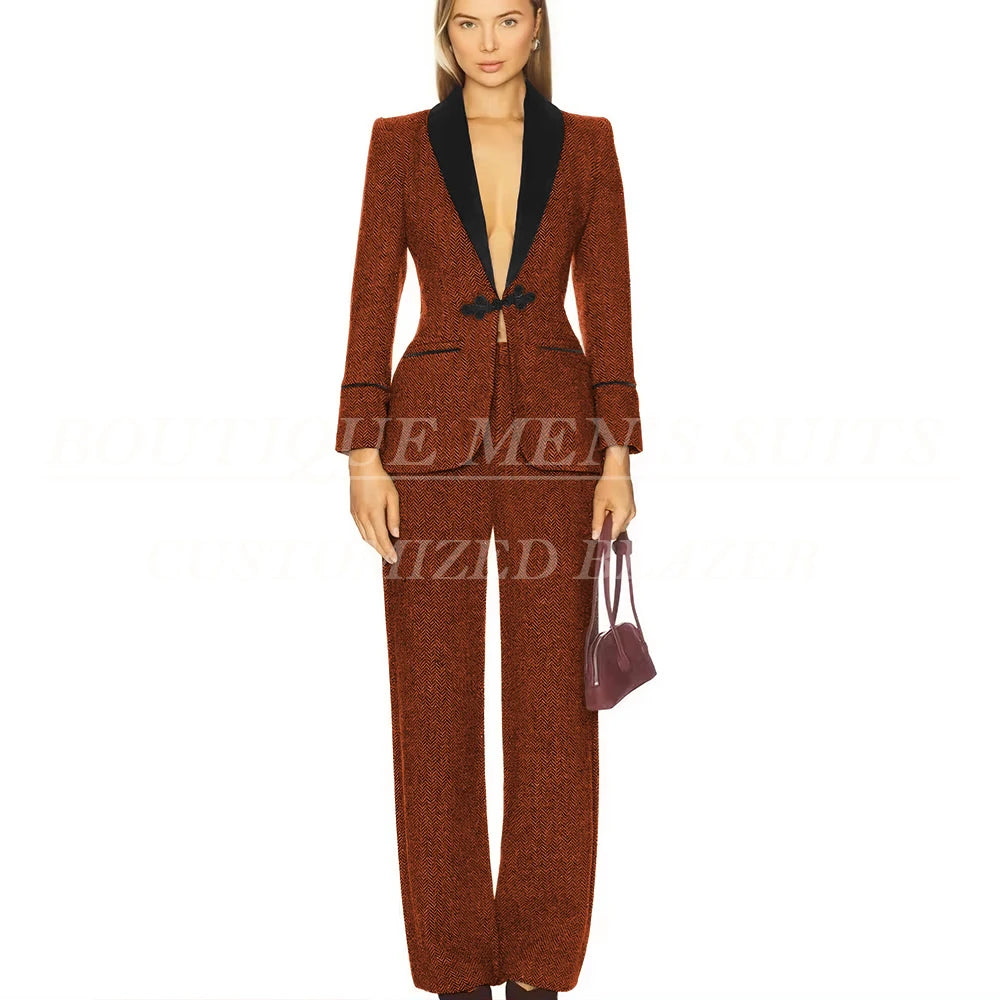 Formal Women's Suits Tweed Single Button Shawl Lapel Slim Fit 2 Piece Jacket Pants Luxury Office Lady Female Clothing Outfits