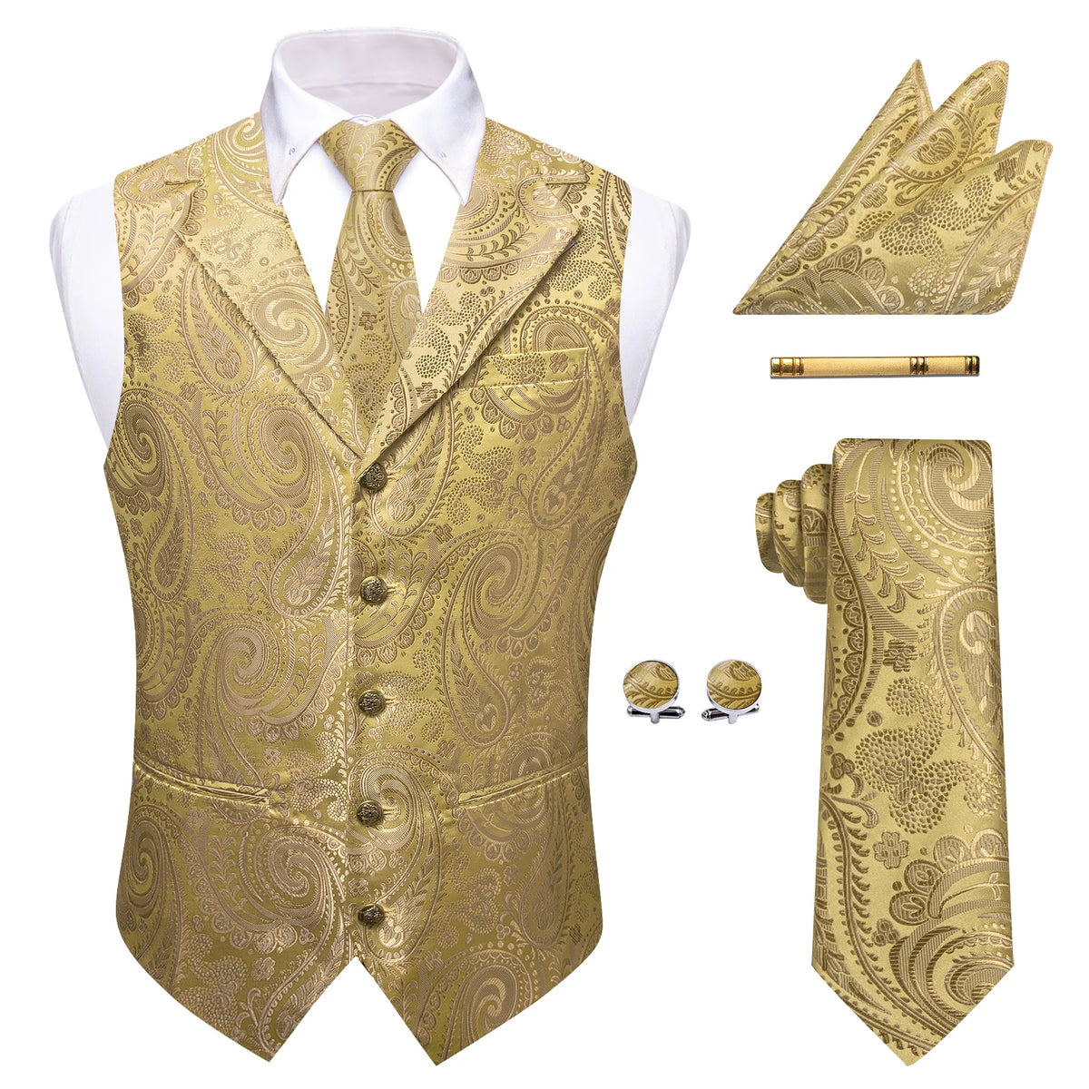 Mens Suit Golden Black Purple Orange Vest Tie Hanky Cufflinks Set Paisley Waistcoat for Male Wedding Busniess
