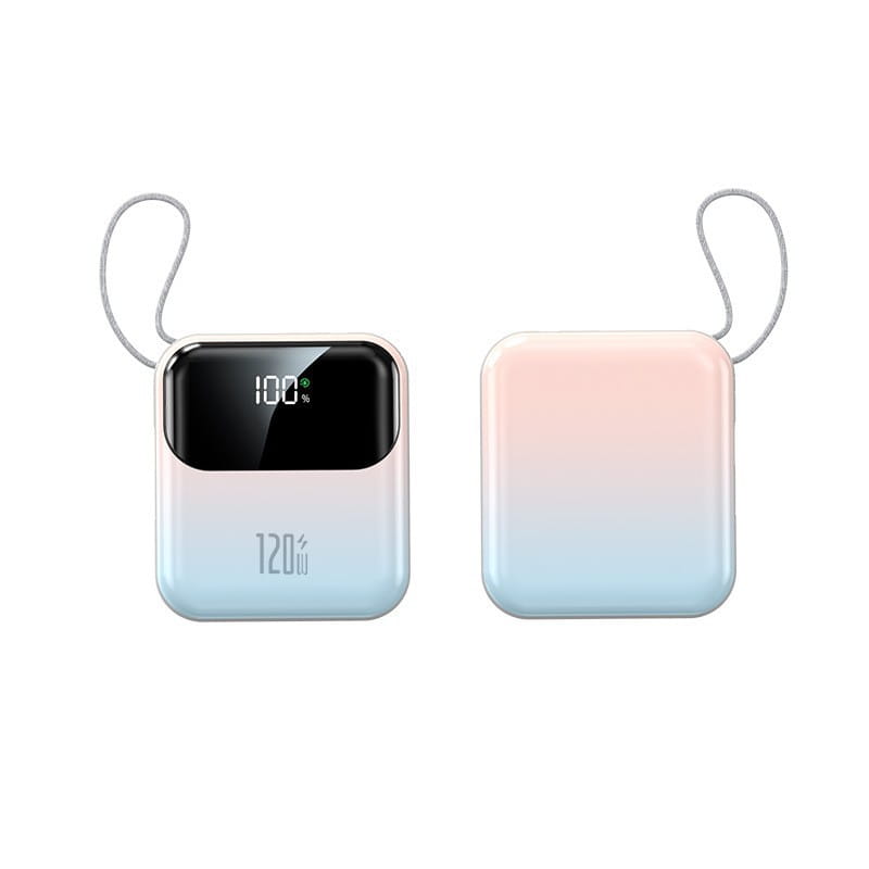 A sleek rectangular power bank with a pastel gradient finish from soft pink to light blue and an integrated digital display showing 100 percent charge supporting 20000mah 120w fast charging.