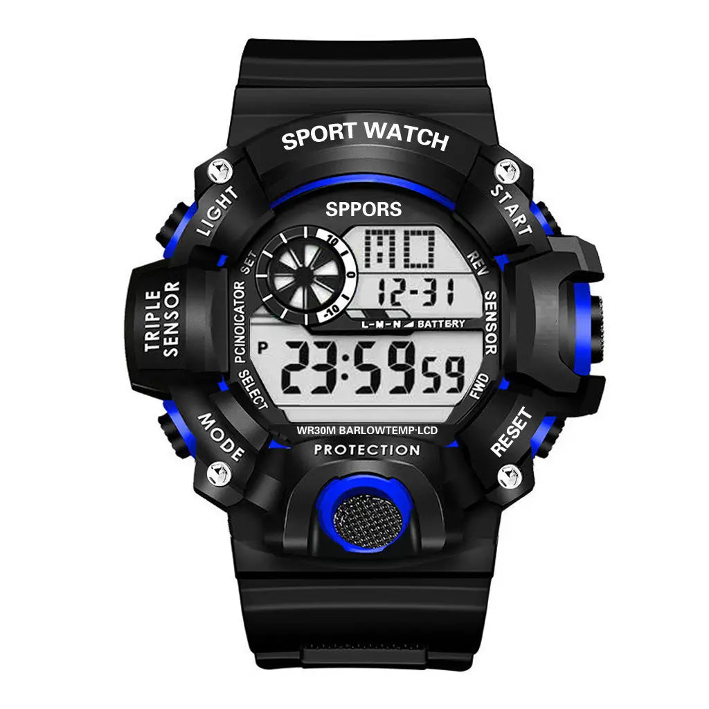Schwarze digitale Sportuhr mit blauen Akzenten, mit robustem multifunktionalem Design und Tasten mit der Beschriftung Licht, Start und Reset, ausgelegt als wasserdichte digitale Sportuhr für Herren mit großem Zifferblatt.
