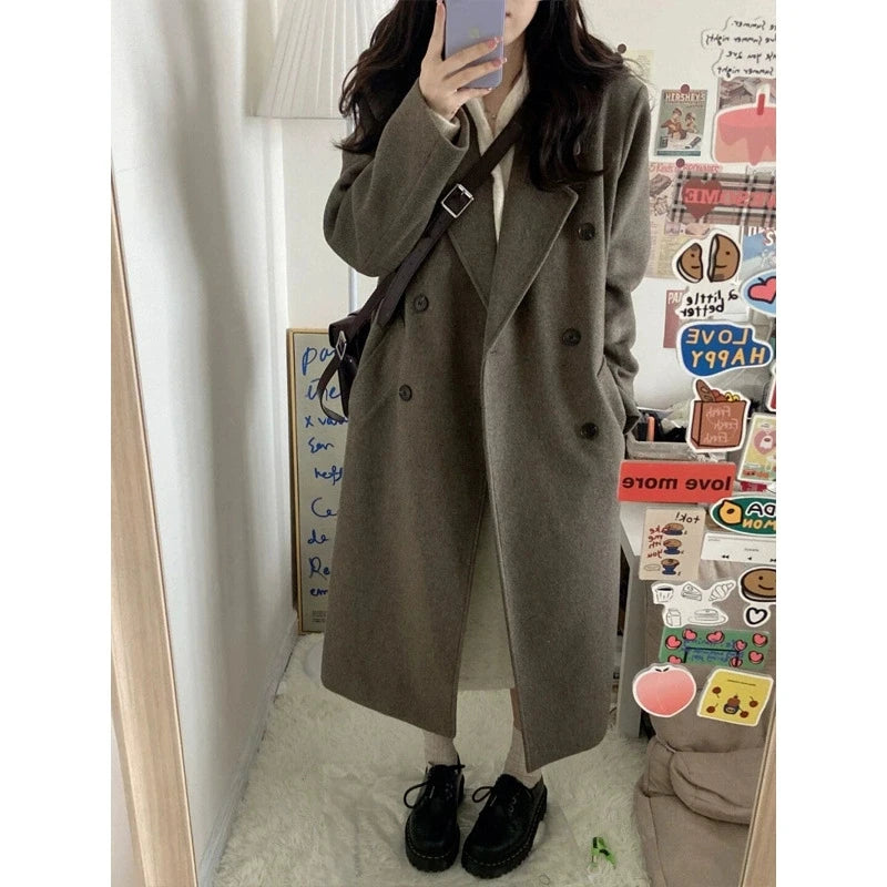 Women Elegant Midi Wool Blends Coat Korean Thicken Long Bandage Jackets Oversized Lace Up Outwear White Cardigan Woolen Overcoat