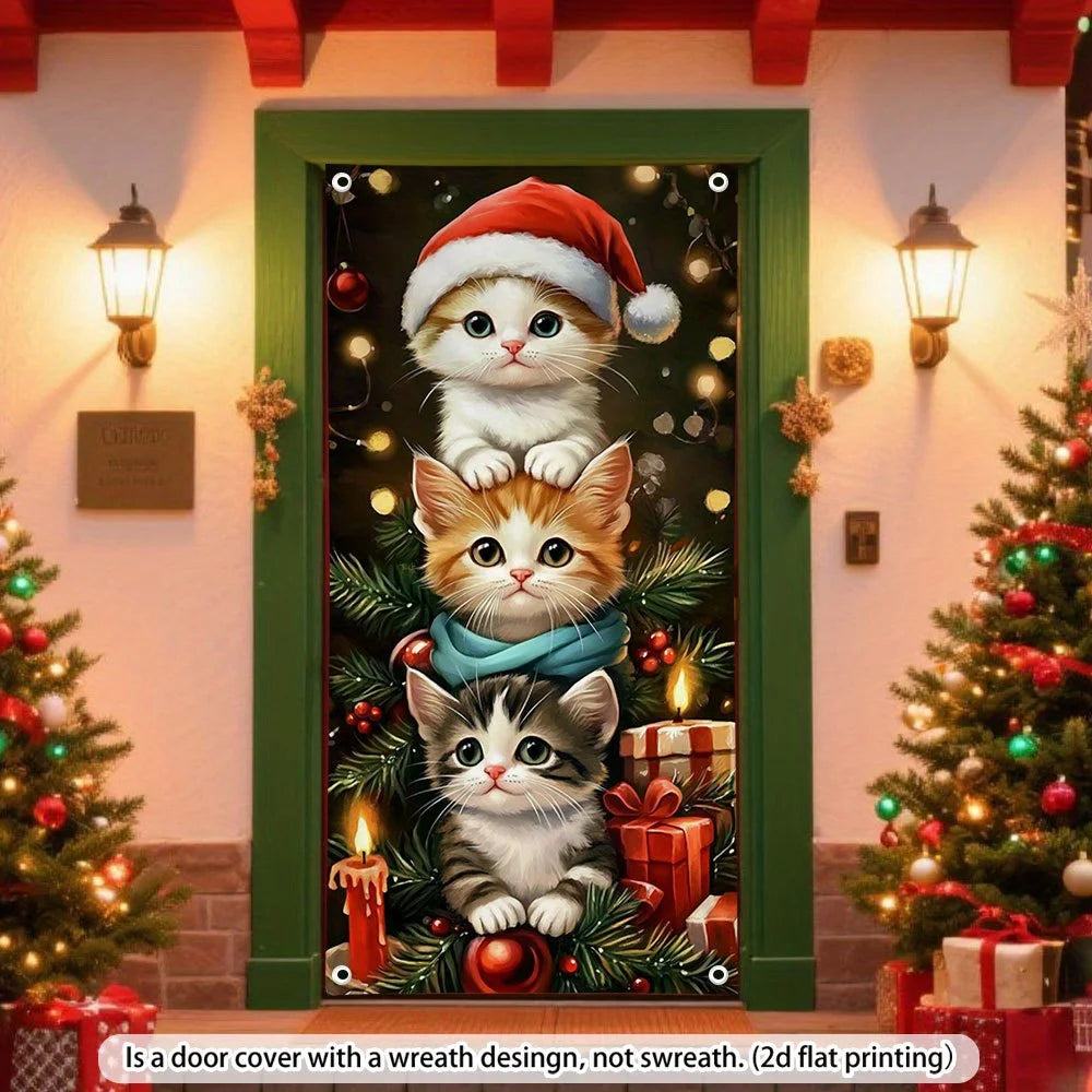 Holiday door decorations featuring cute little cats wearing Christmas hats and garlands are suitable for both homes and offices.