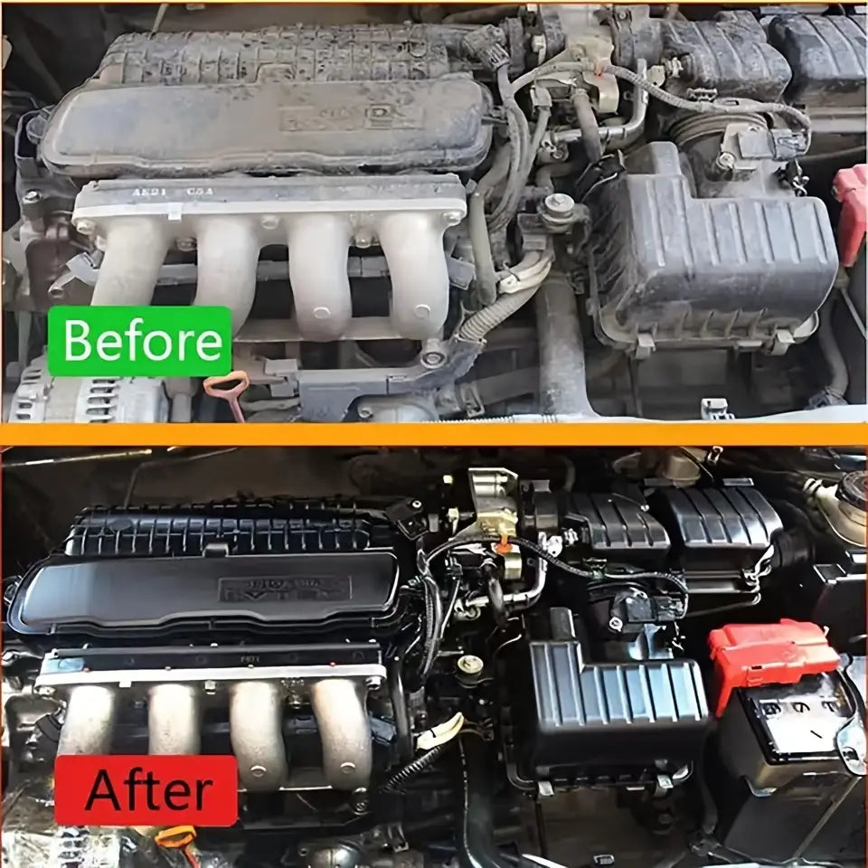 Engine bay cleaner and plastic restorer showing a cleaned engine bay with black plastic components and a metallic intake manifold.