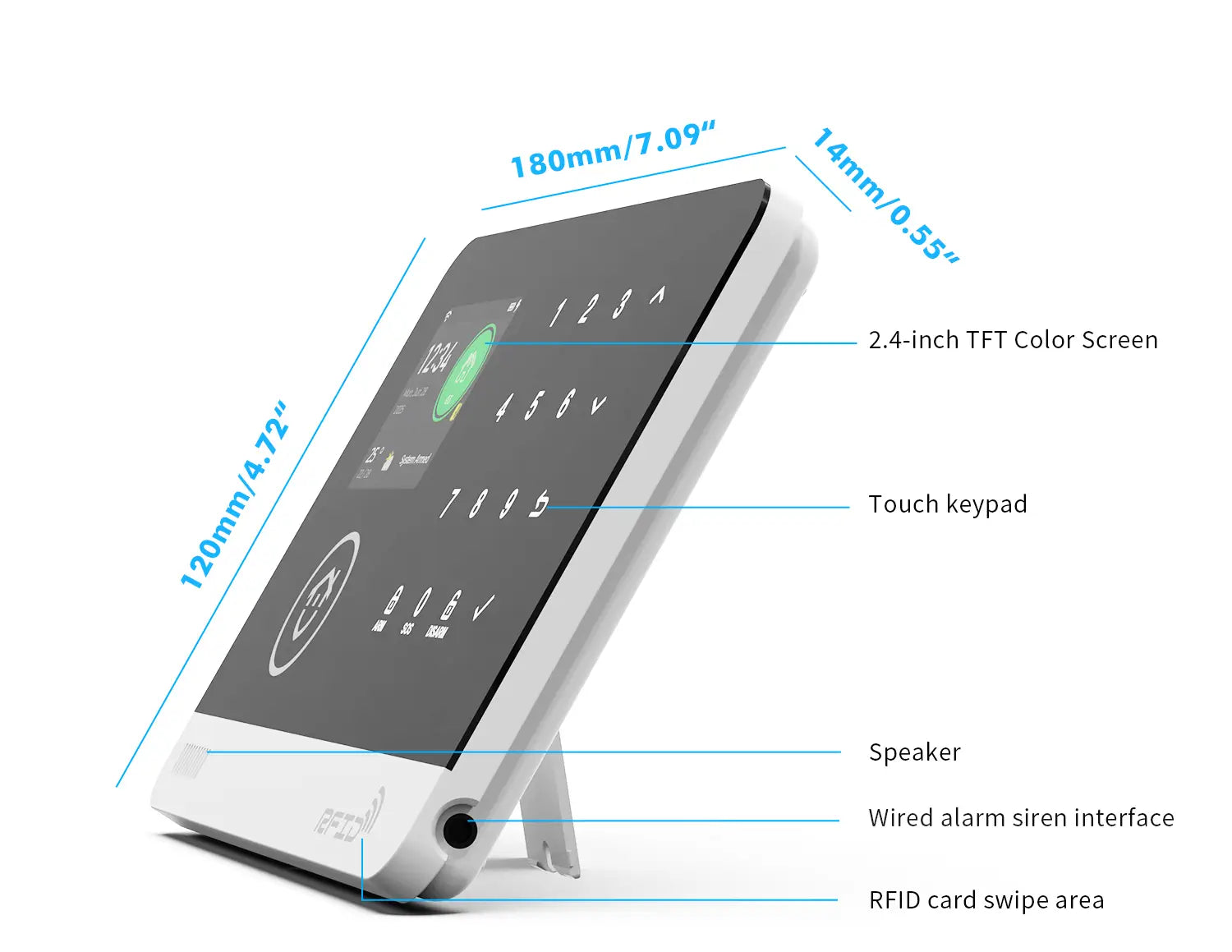 Clavier de sécurité rectangulaire blanc avec écran couleur TFT de 2,4 pouces affichant une interface numérique et boutons numériques, comprenant un haut-parleur intégré et une zone de balayage de carte RFID pour le contrôle d’accès dans le système d’alarme de sécurité pour maison intelligente Tuya, avec intégration à l’application Smart Life