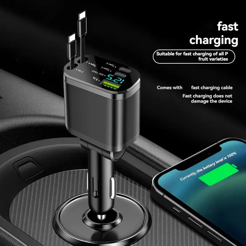 Black 5-in-1 fast retractable car charger with multiple USB ports and a digital display showing charging speed.