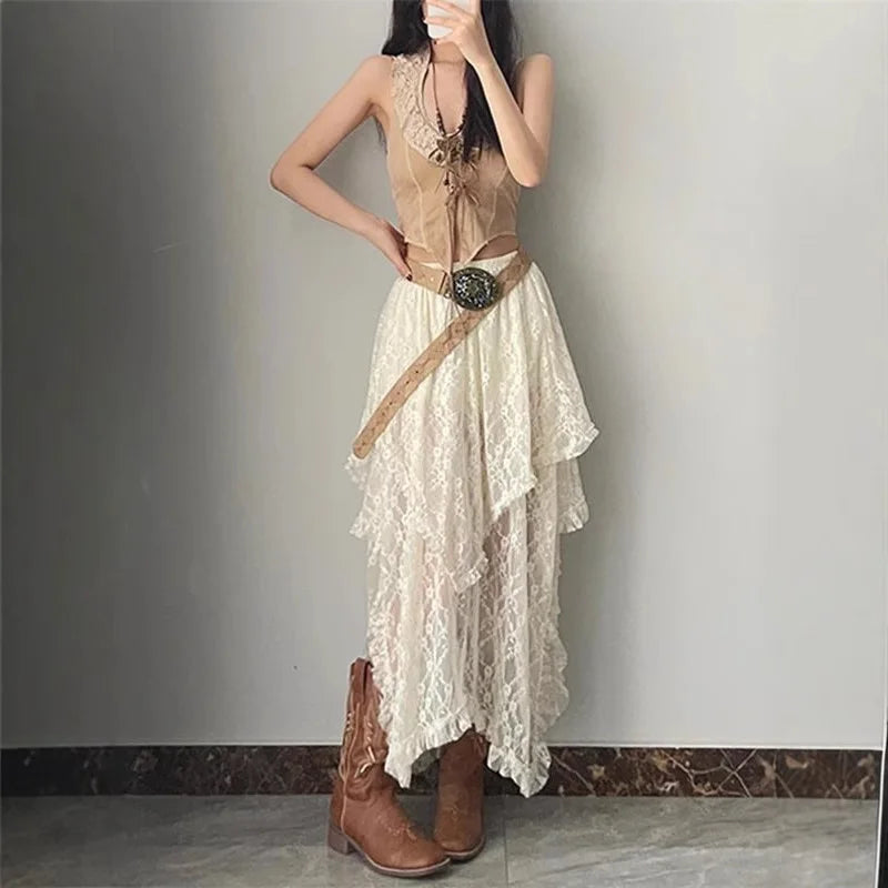 Ethnic Style Wavy Hem High Waist Lace Skirt Sweet Sister Stacked Holiday Style Dress