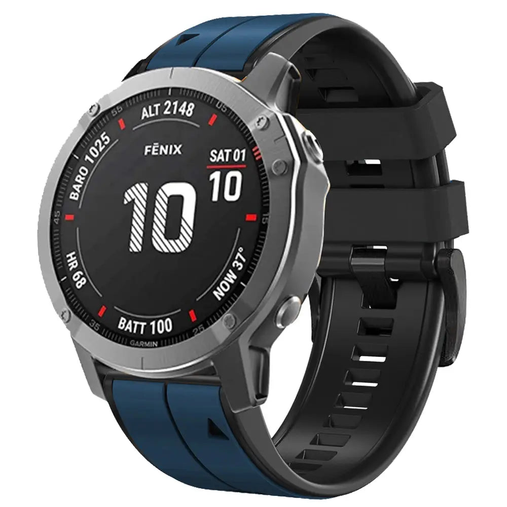Garmin Fenix Silikonarmband in Schwarz und Blau aus strapazierfähigem Silikon für Garmin Fenix- und Garmin Forerunner-Smartwatches.