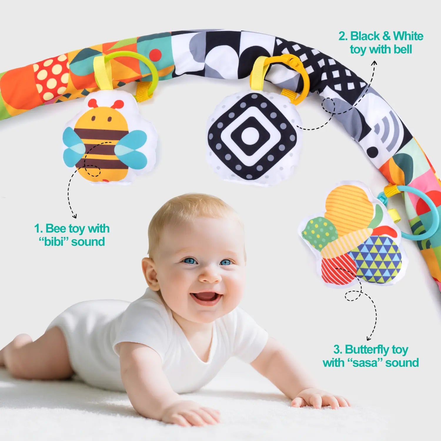 buntes weiches Stoff-Fahrwagenbogen-Spielzeug für sensorische Aktivitäten für Babys mit hängenden Bienen- und Schmetterlingsspielzeugen.