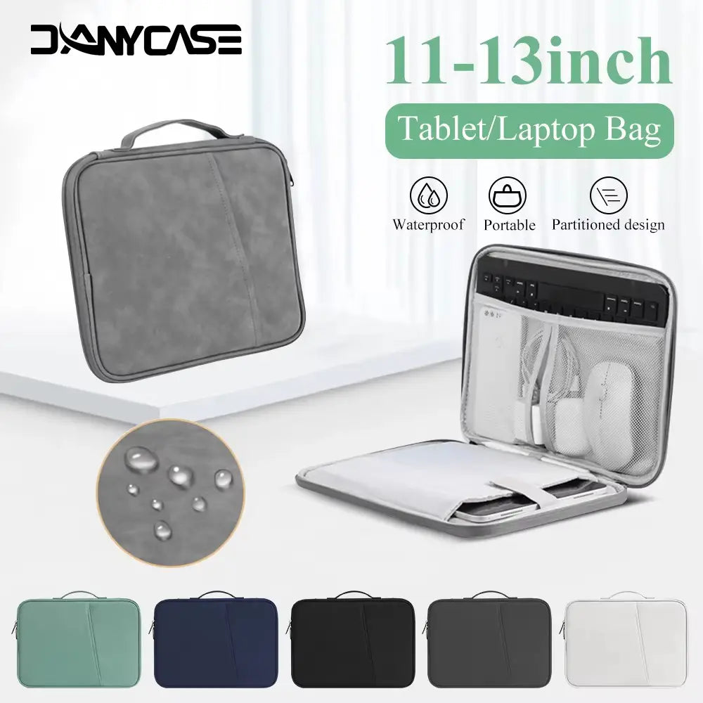 gray danycase 11 to 13 inch tablet or laptop bag with a sleek padded exterior and organized interior compartments for protective storage.