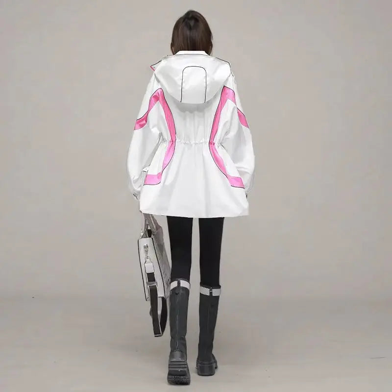 Women's Trench Coat Hooded Jacket Spring Autumn Patchwork Cargo Jacket New Loose Mid-length Drawstring Casual Windbreaker