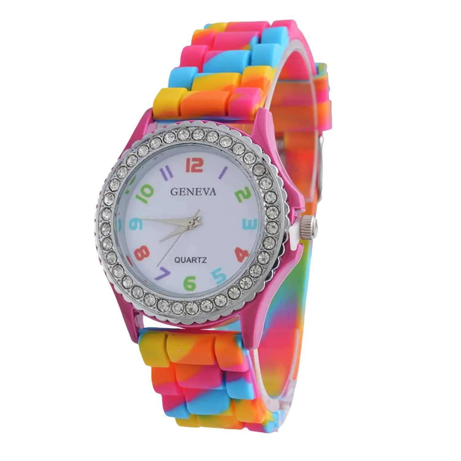 Girls crystal bling rainbow silicone watch featuring a vibrant rainbow-colored silicone band with a pink case and crystal-encrusted bezel.