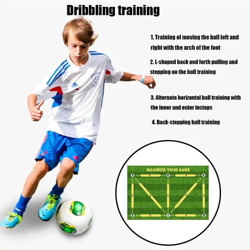 White and green soccer ball with black panel markings on a non slip soccer training mat for dribble practice equipment.