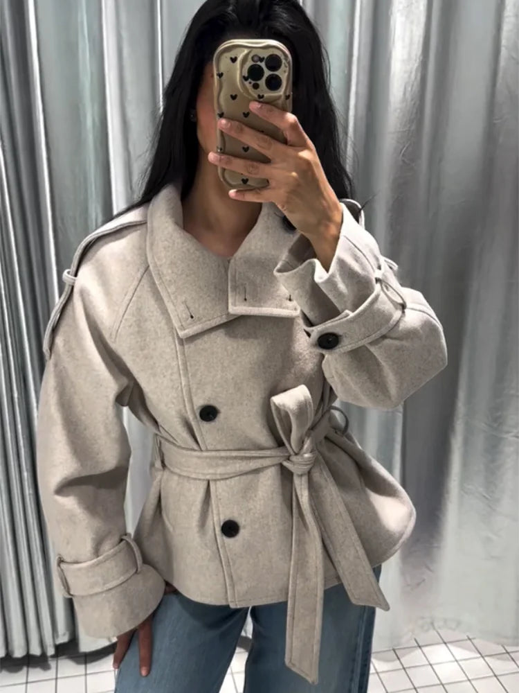 Women Short Wool Blend Coat Stand Collar Double Breasted Belted Waist Long Sleeve Epaulet Casual Winter Lady Outerwear Jacket