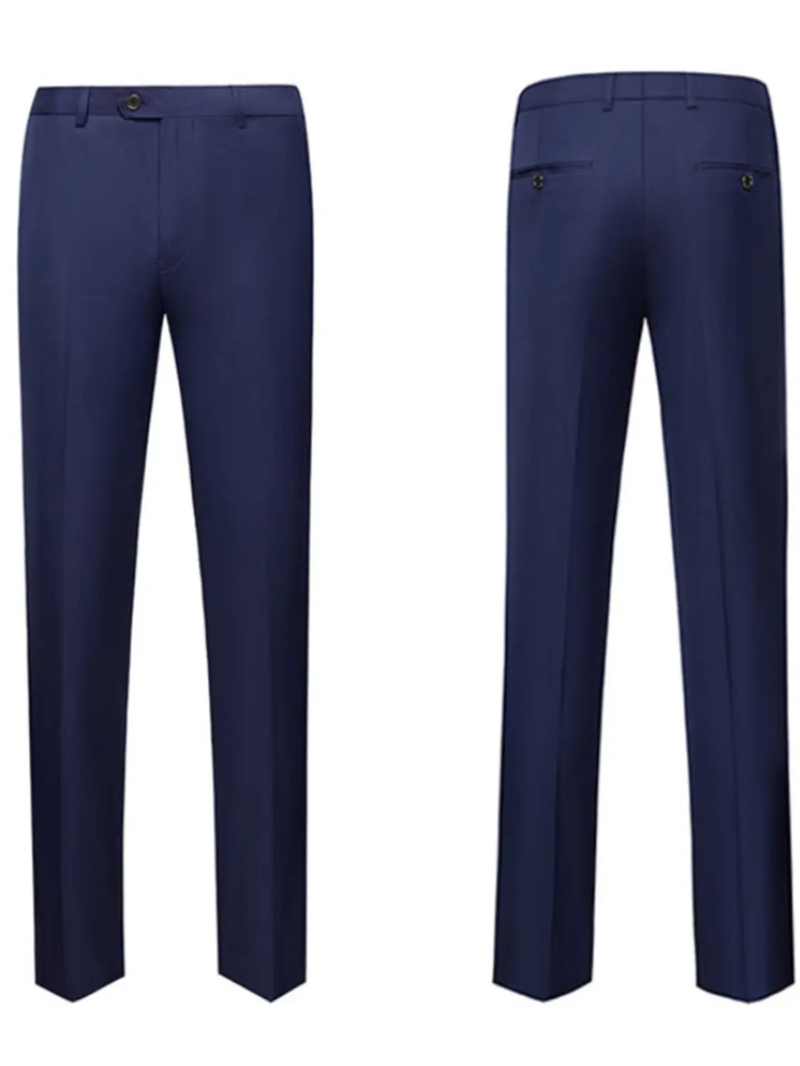 Herren schwarzer Slim-Fit-Anzug einreihiger Smoking mit navyblauen formellen Hosen mit geradlinigem, elegantem Beinverlauf, dezenten Vorderfalten und Knopfverschlussart.