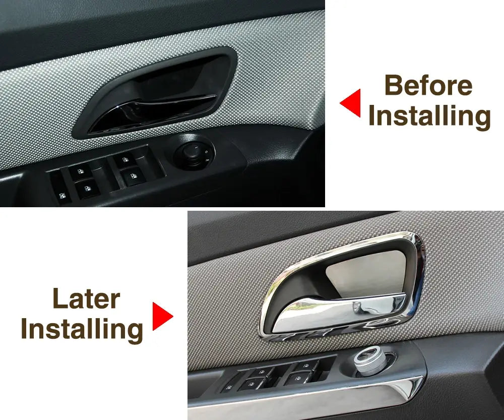 Moldura de manija interior de la puerta con acabado en cromo para Chevrolet Cruze 2009-2014, con un acabado metálico pulido y elegante y bordes contorneados en cuatro piezas.