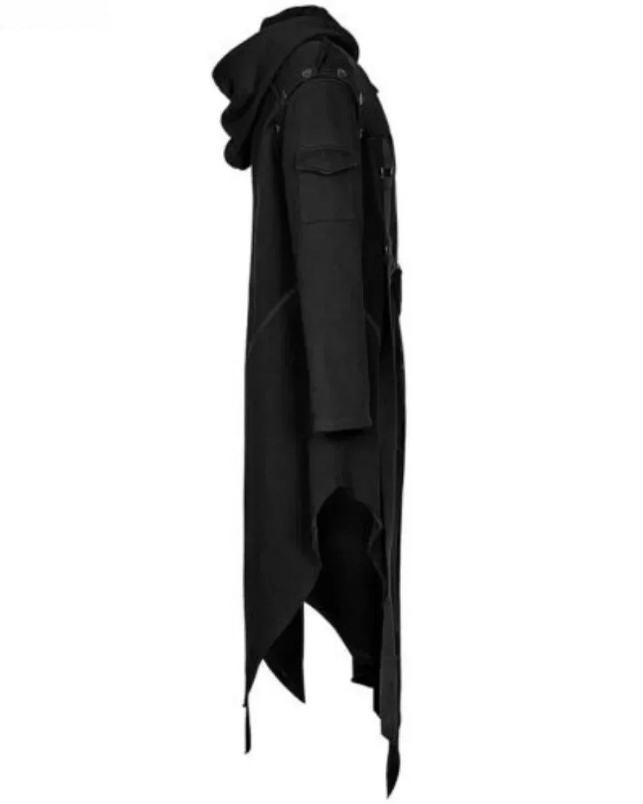 New  Men's Punk Style Irregular Trench Coats Black Gothic Long Hooded Jackets Halloween Man Cosplay Costume Large Size S-5XL