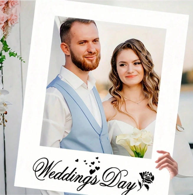 Atrezzo de marco para fotografía de boda estilo polaroid blanco con un diseño de rosa y el texto del día de la boda en la parte inferior.