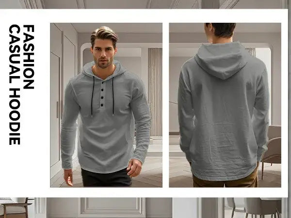 men cotton linen hooded henley shirt in gray with long sleeves black drawstrings and front button detail in a casual hoodie style