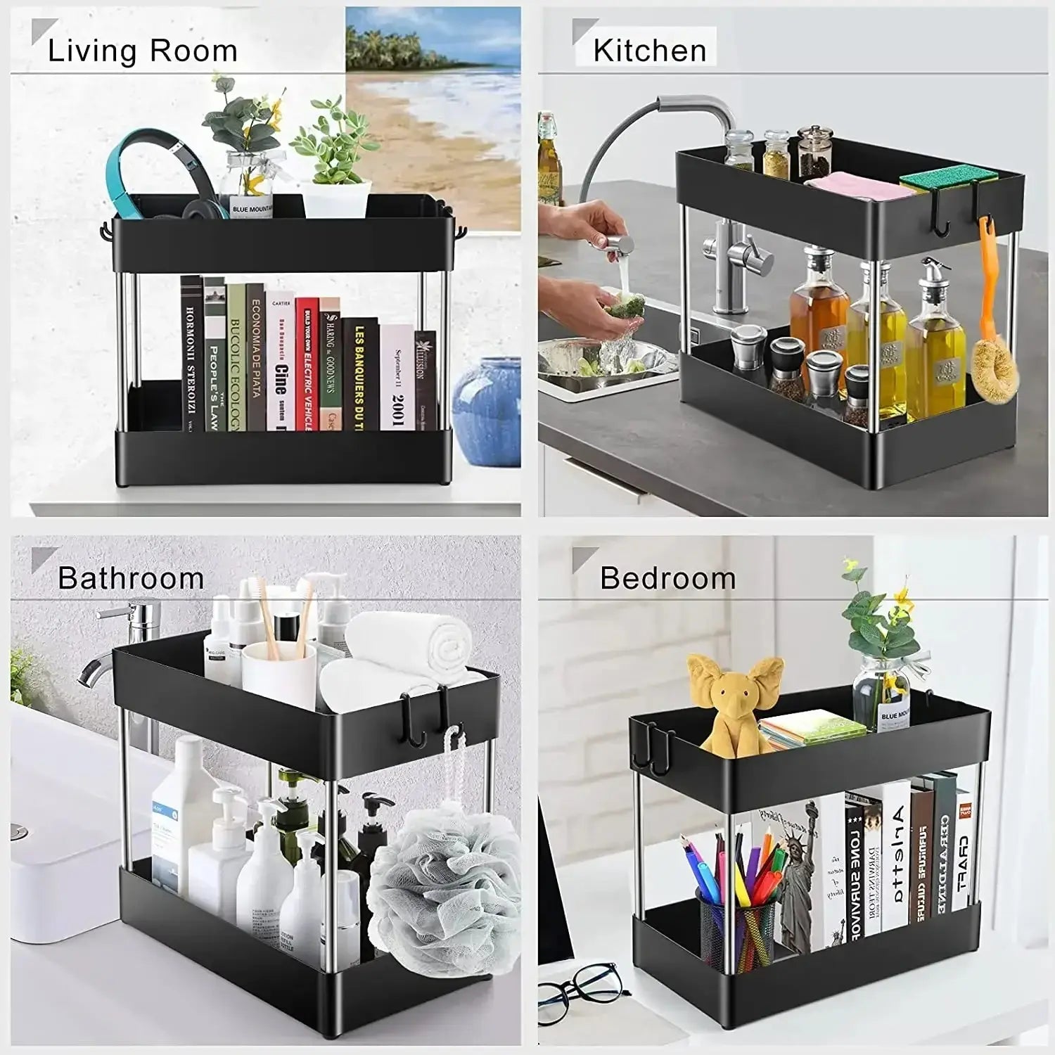 Organizador negro de almacenamiento bajo el fregadero, de dos niveles y metálico, con paneles laterales transparentes, diseñado como una estantería multifuncional tipo cajón por niveles para un almacenamiento eficiente del fregadero.