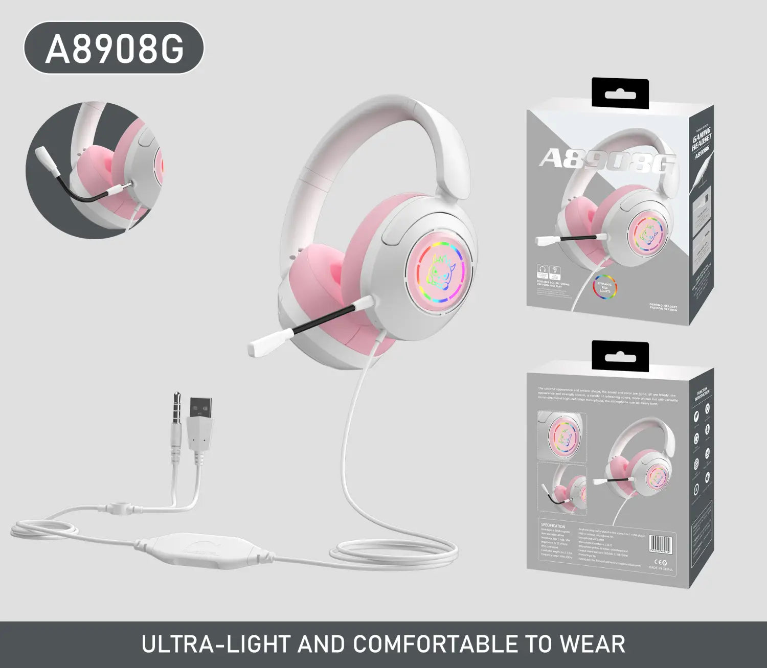 Auriculares para videojuegos con micrófono e iluminación RGB en color rosa y blanco; incluyen micrófono desmontable y cable USB de auriculares originales con cable, como característica clave en las copas.