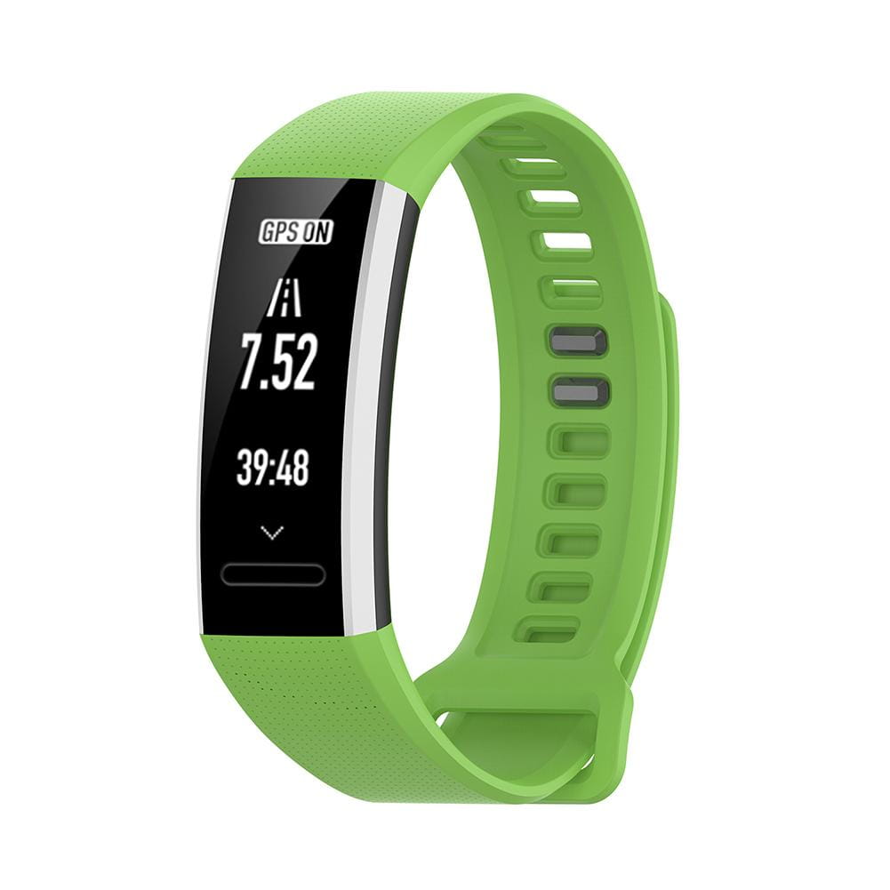 Sangle de bracelet à poignet en silicone vert tilleul pour Huawei Band 2 Pro, affichant un écran rectangulaire noir indiquant l’heure et le nombre de pas.