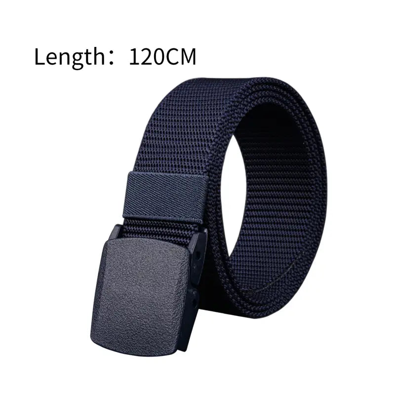 mens tactical canvas belt in black featuring a lightweight woven nylon strap and a textured matte-finish plastic automatic buckle.