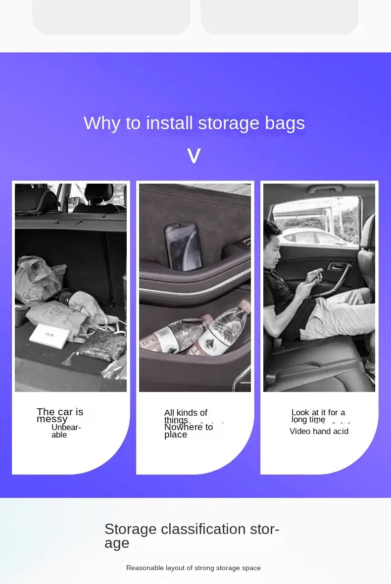 The image displays a promotional graphic for a black car backseat organizer with tablet holder made of durable material, featuring three panels that illustrate the benefits of using storage bags in a car trunk.