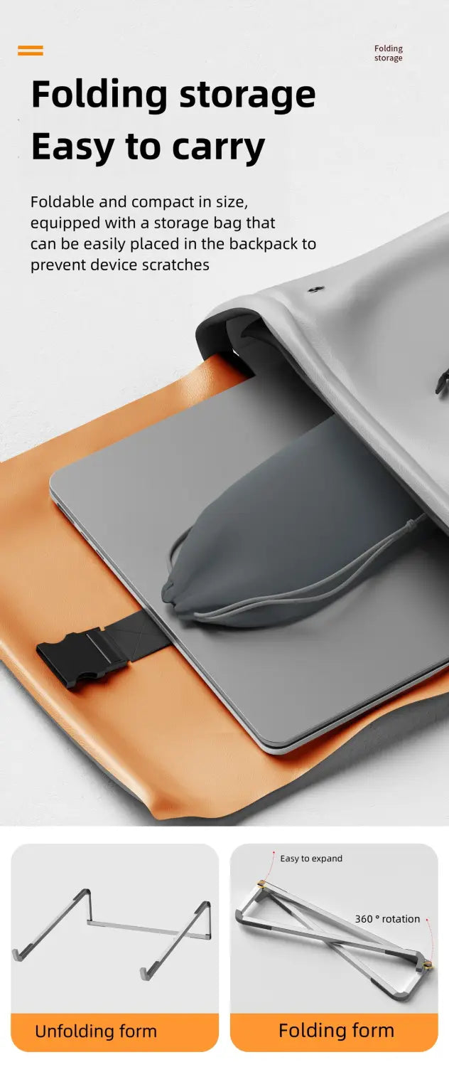 soporte ajustable para portátil de aluminio en gris y naranja con diseño ergonómico plegable y bolsa de almacenamiento para transportarlo fácilmente.