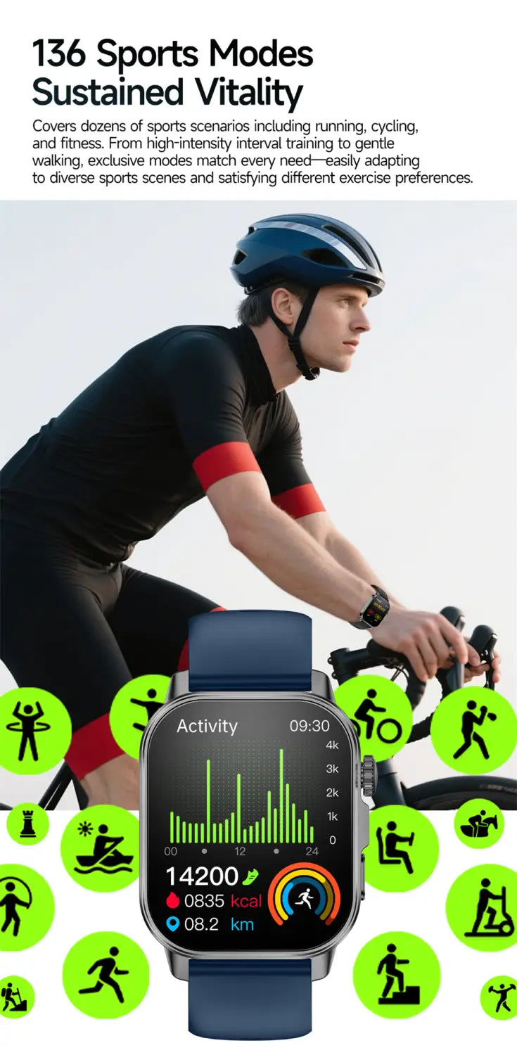 Black ecg health monitoring smart watch with a blue strap and rectangular digital display showing activity metrics for blood pressure tracking.