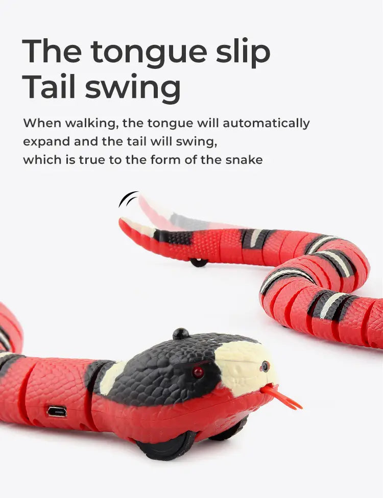 red and black segmented robotic snake toy with articulated tongue and tail for realistic movement designed as interactive pet cat toys and animal toys type