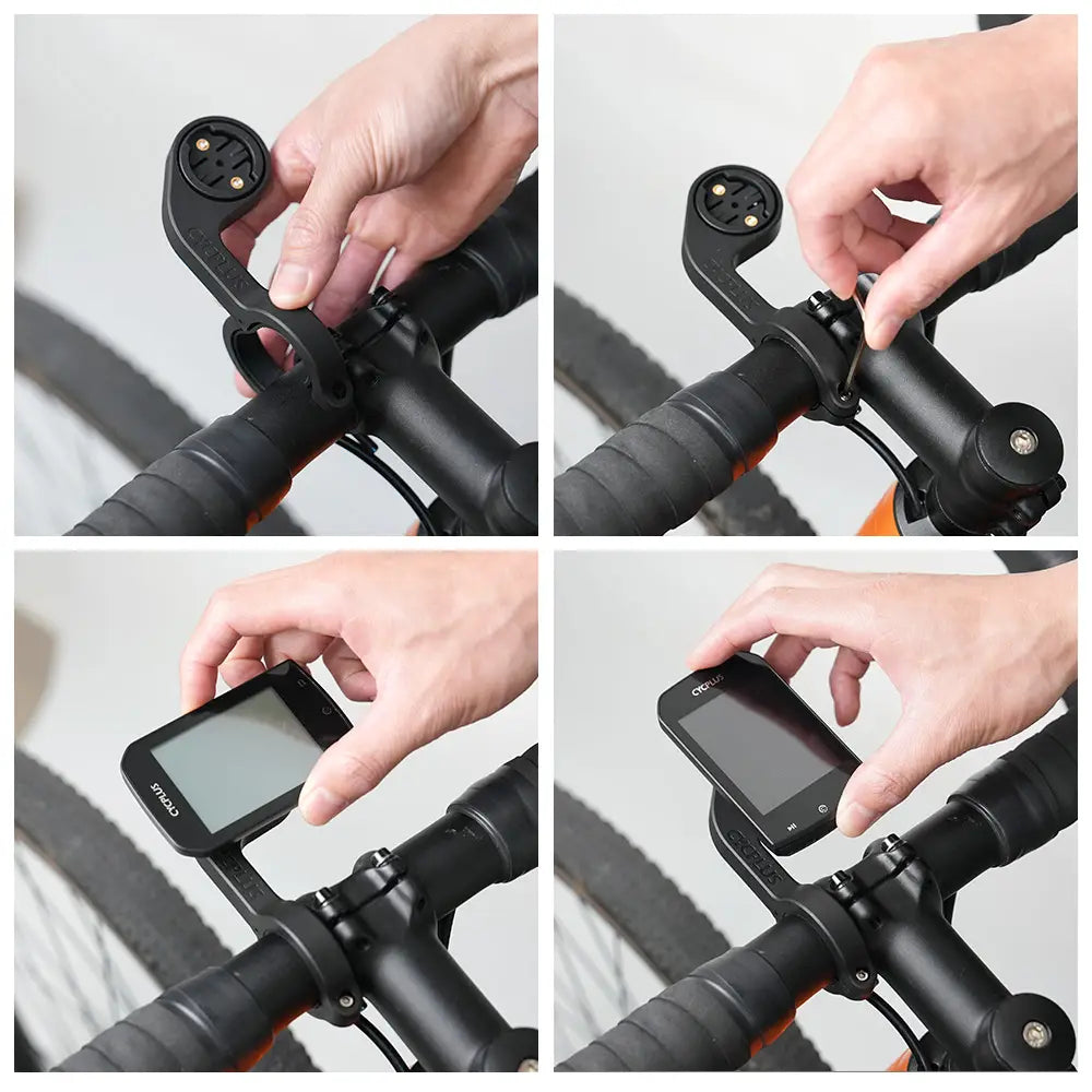 Black bicycle handlebar mount with adjustable clamp and integrated GPS sensor holder for Cycplus Z1 outfront bike computer.