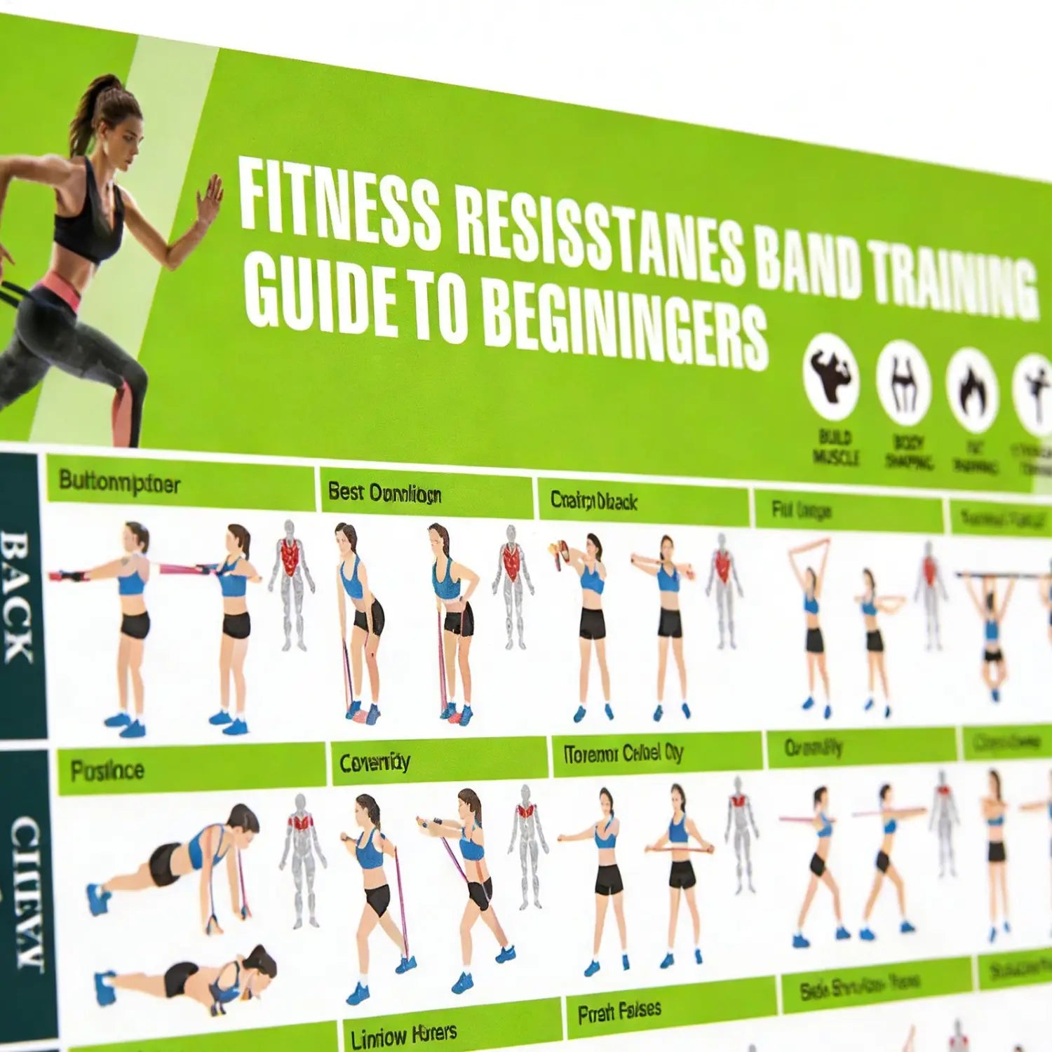 Green resistance band workout poster featuring a fitness training guide for beginners for effective exercise routines.
