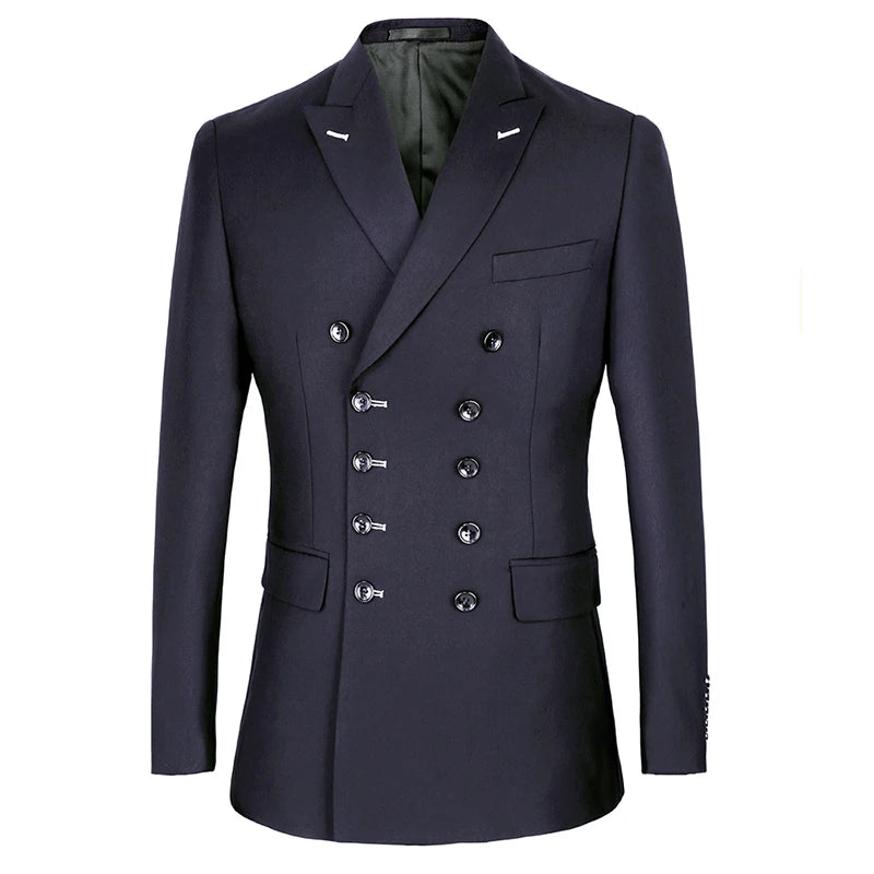 Shenrun Men Suits Slim Fit New Fashion Suit Double Breasted Peak Lapel Navy Blue Black Wedding Groom Party Prom Skinny Costume