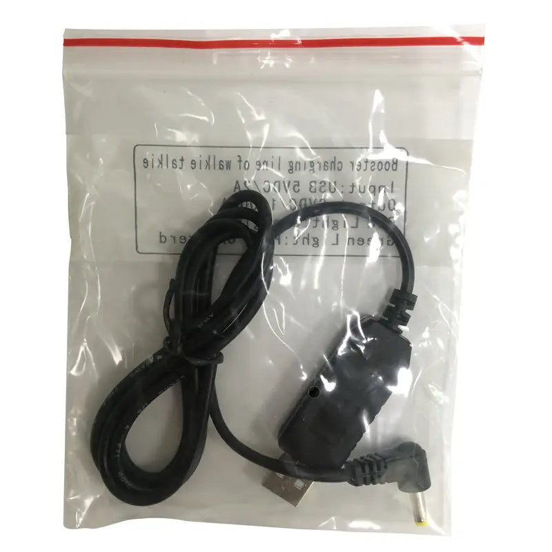 Black usb charging cable for uv10r walkie talkie with molded plastic connector housing and angled barrel plug for uv-10r usb power adapter connection.
