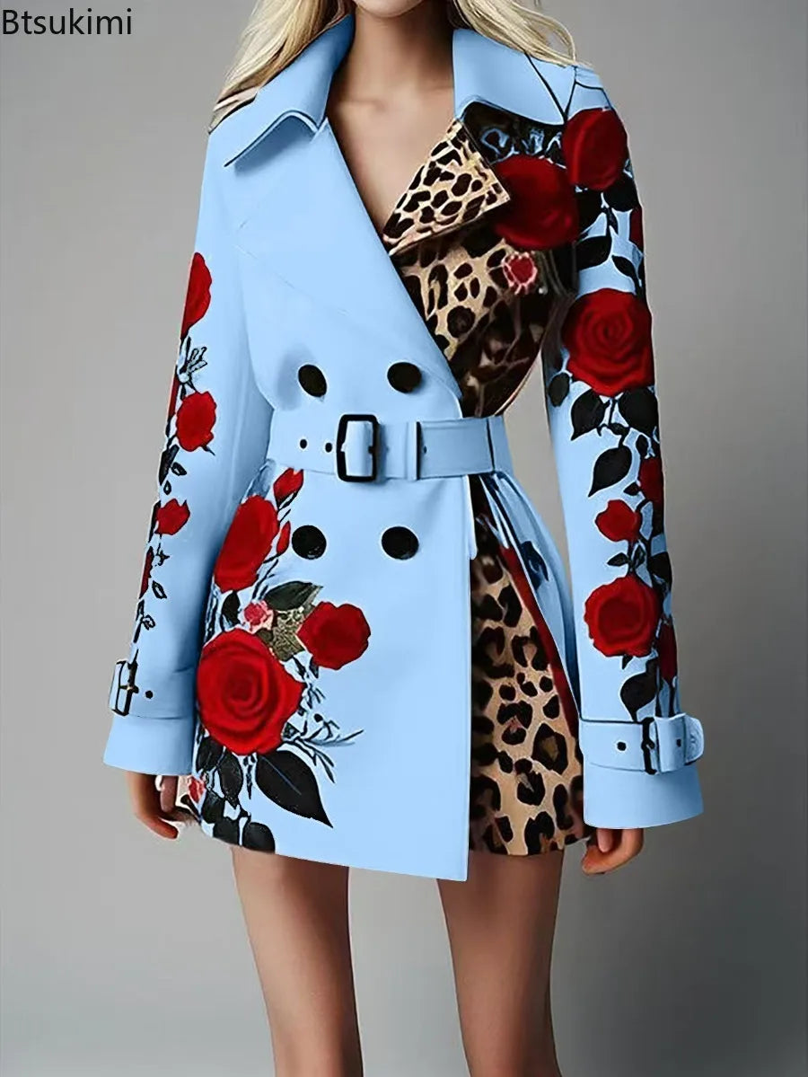Women's Chic Trench Coat Red Rose Leopard Print Double Breasted Belted Lapel Long Sleeve Outerwear Winter Female  Casual Jackets