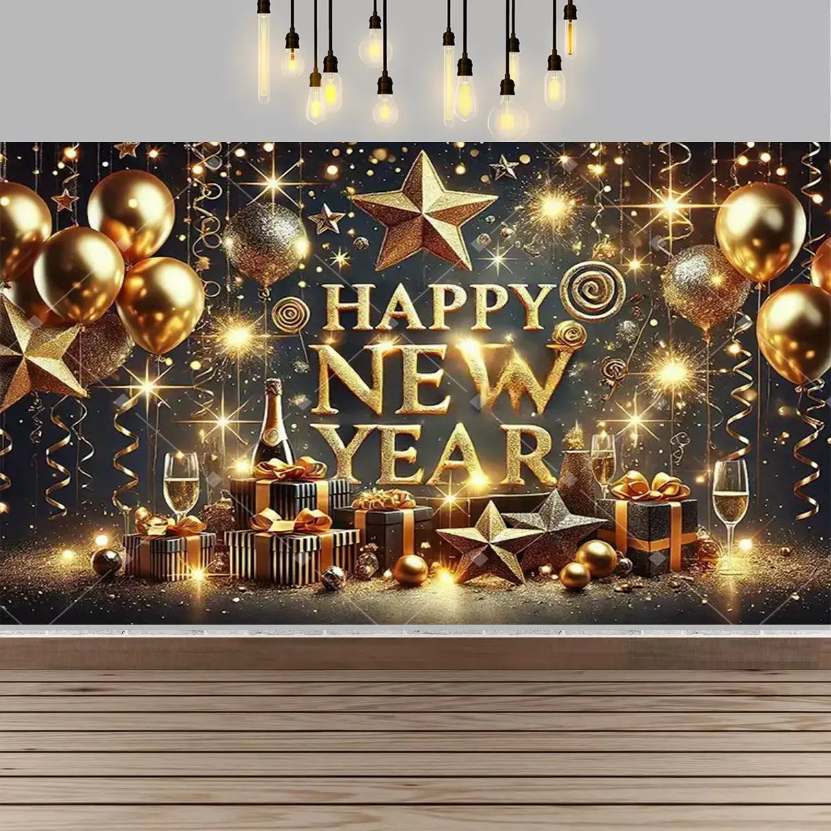 New year party photography backdrop with fireworks and clock features gold balloons, sparkling stars, champagne bottles, and gift boxes on a dark background.