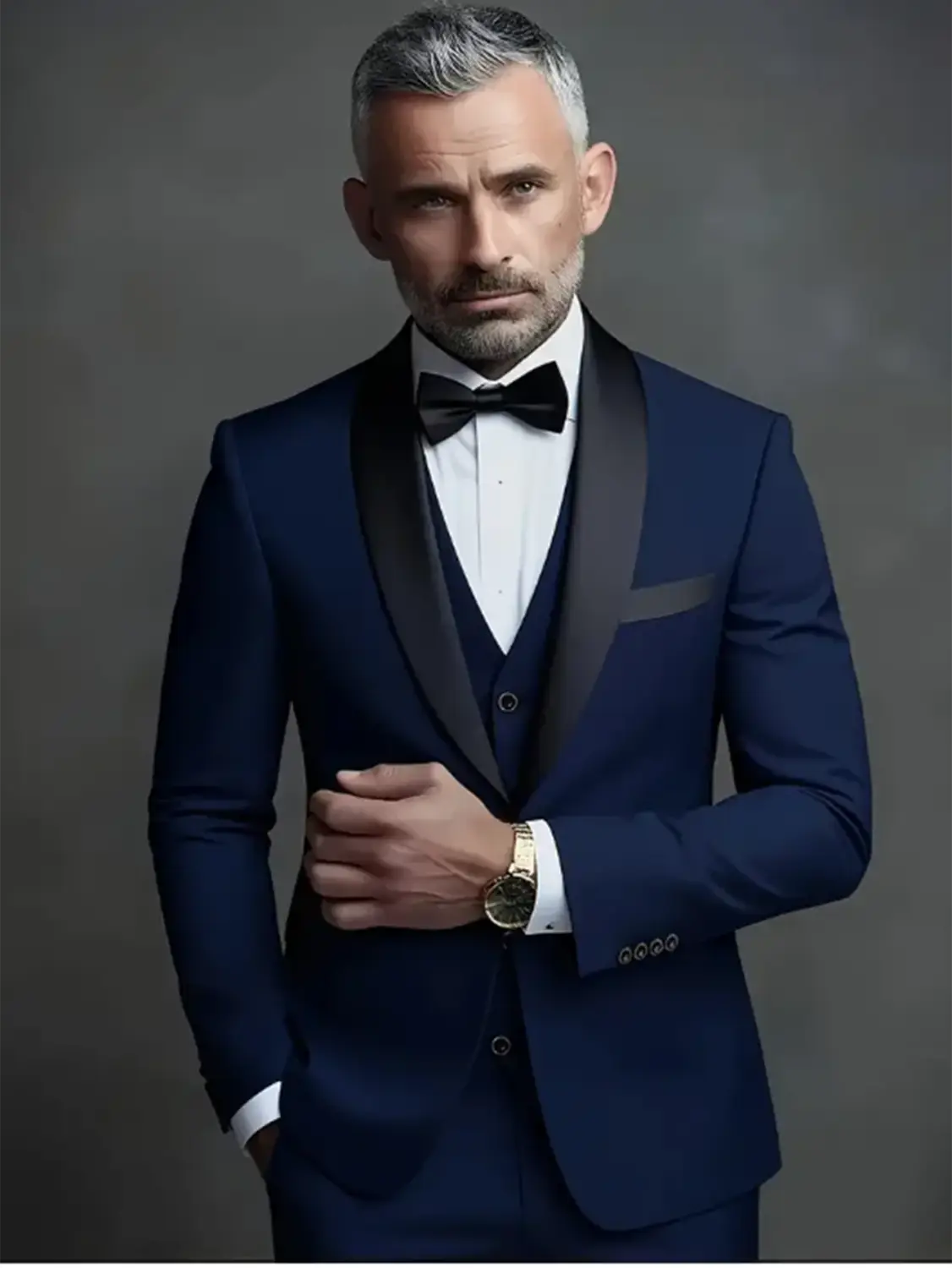 Navyblauer Slim-Fit-Smoking für Herren mit schwarzen Satin-Revers und passender Weste, einreihiger Verschlussart für einen schwarzen Anzug.
