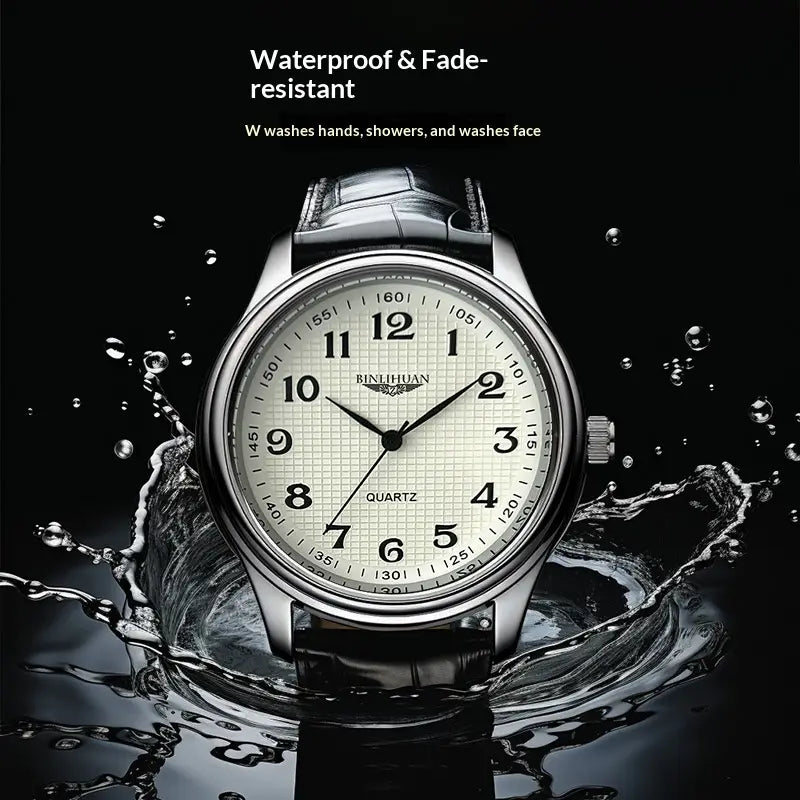 Mens quartz leather watch with a silver-toned binihuan quartz case, white dial, black leather strap, and waterproof design for business use.