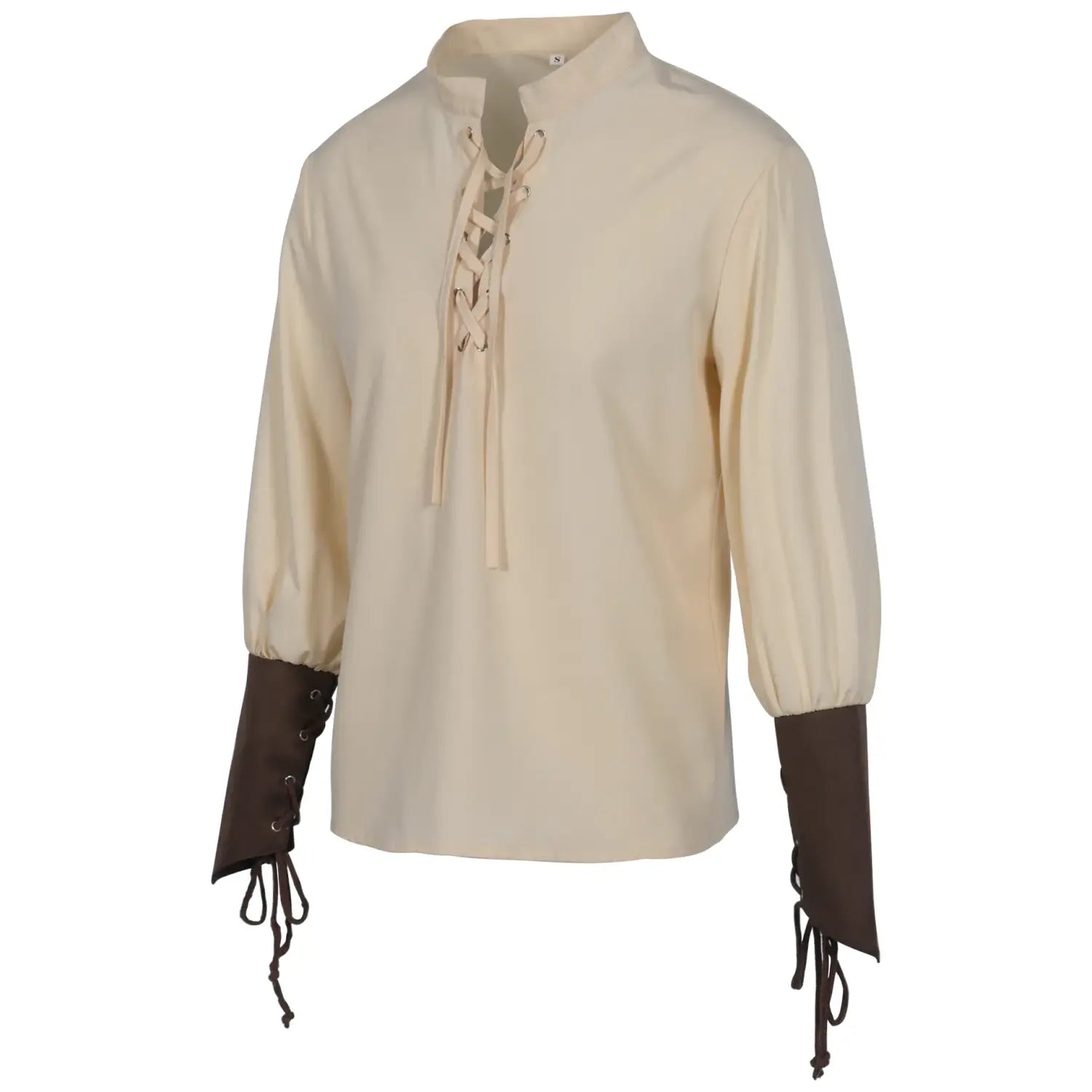 Mens pirate medieval renaissance cream-colored long-sleeved shirt with lace-up front and dark brown leather cuffs shown from the front.