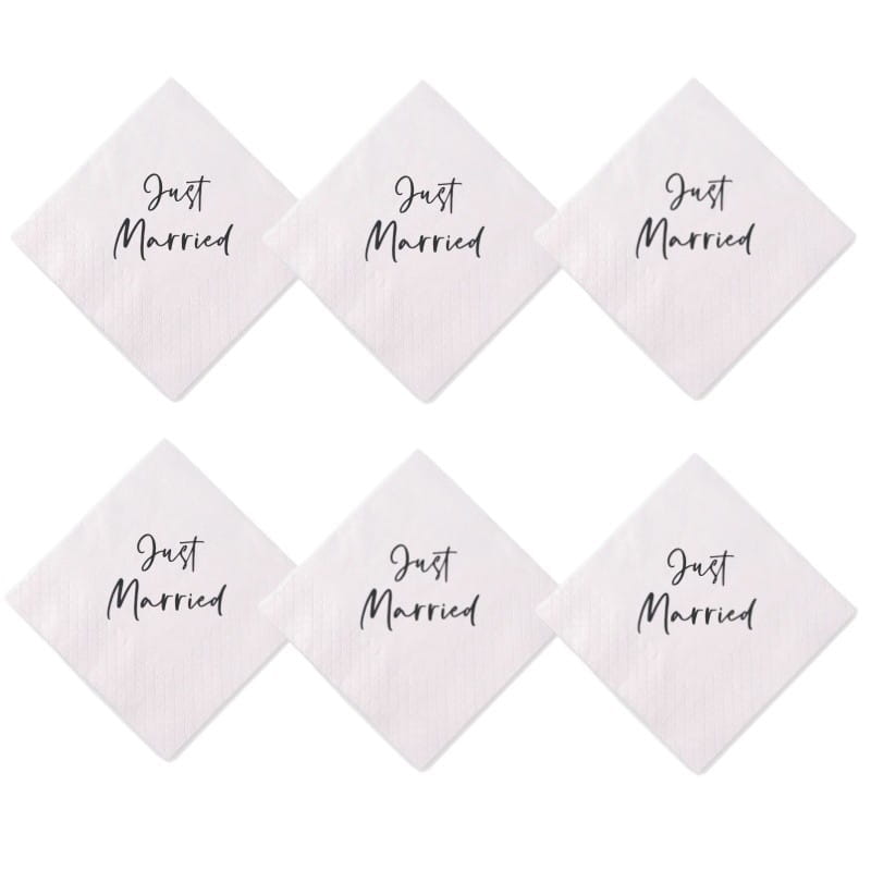 servilletas de papel con forma de rombo color blanco con «Just Married» impreso en negro con estilo de caligrafía en cursiva, de la novia para servilletas, papel para boda metalizado en oro, paquete de 50.