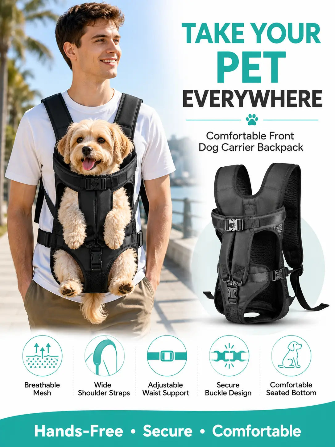 Sac à dos de transport pour chien réglable noir avec maille respirante et système de boucle de fixation sécurisé, conçu pour un transport confortable de l’animal dans un sac à dos pour animaux.
