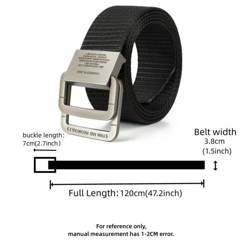Black canvas web tactical belt with automatic silver-toned metal buckle for unisex use.