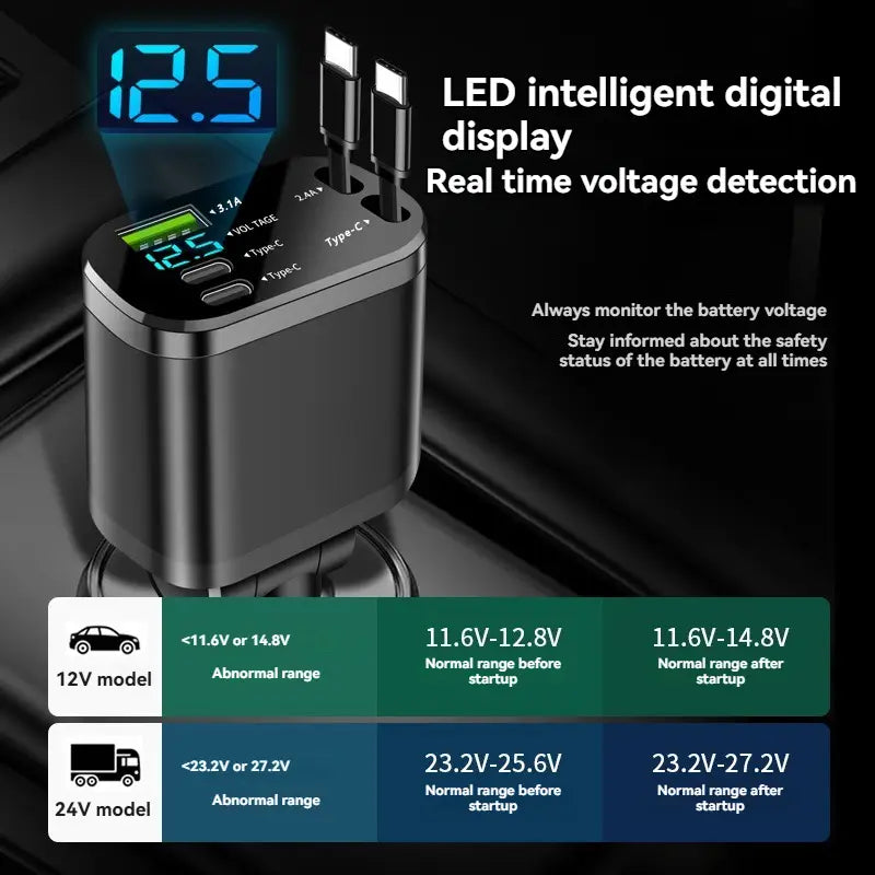 Black led intelligent digital display 5-in-1 fast retractable car charger with multiple usb ports and type-c connectors for efficient in-car device charging.