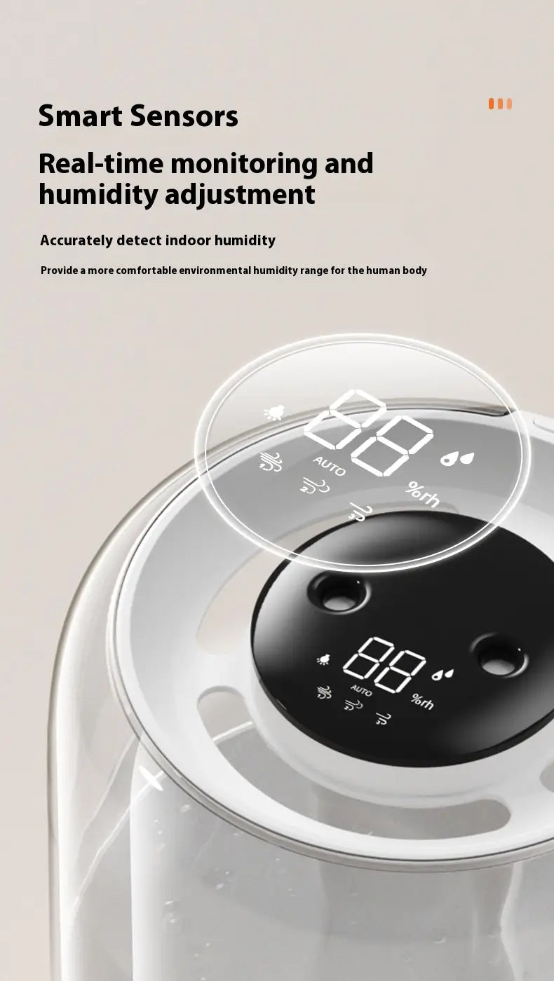 Humidificador de aire inteligente de doble niebla de 3,8 l digital en blanco y negro, con depósito de agua transparente y diseño moderno y elegante para la supervisión de la humedad en tiempo real.