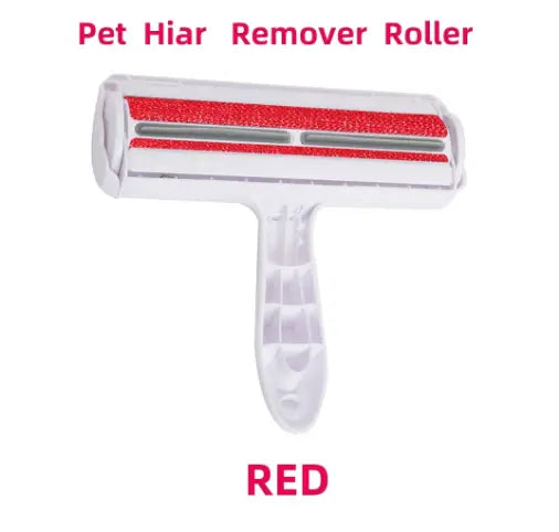 Rodillo removedor de pelo de mascotas rojo con mango de plástico blanco y superficie adhesiva roja con textura para muebles y alfombras.