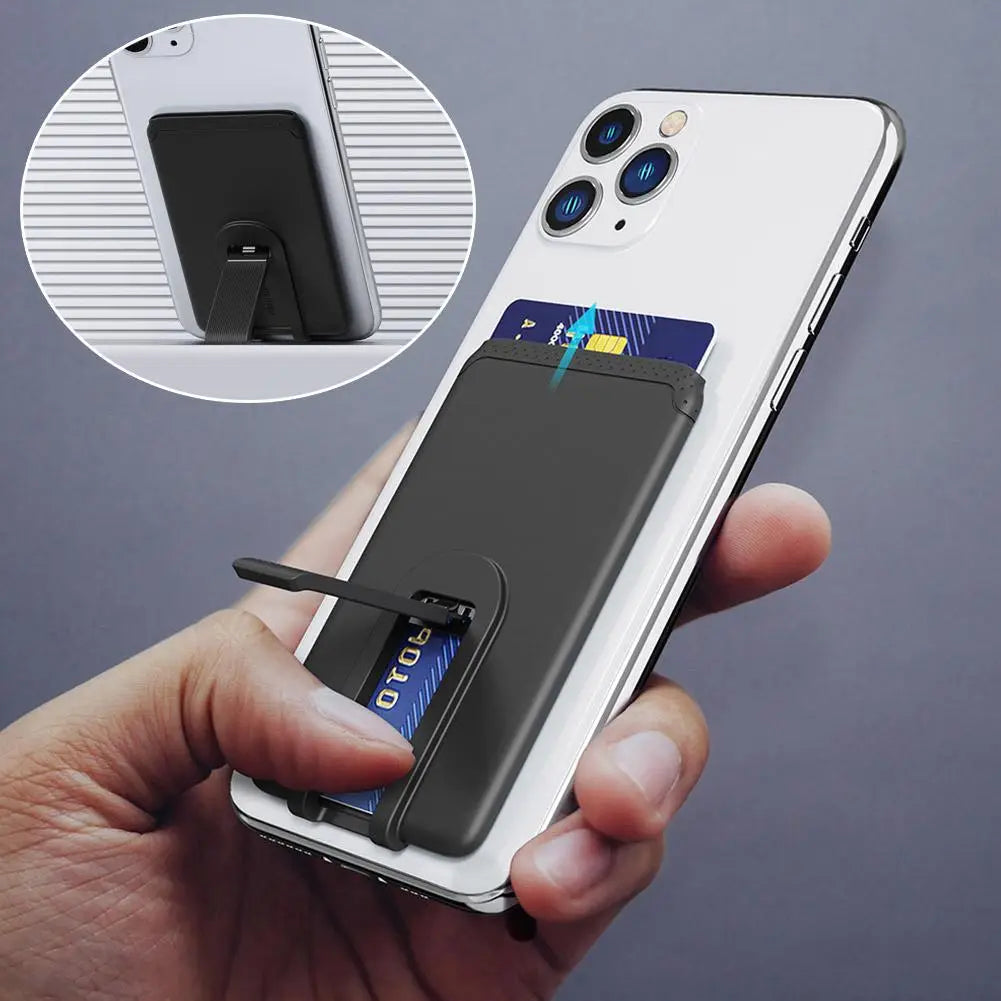 black silicone stick-on phone card holder with magnetic stand for mobile phone use